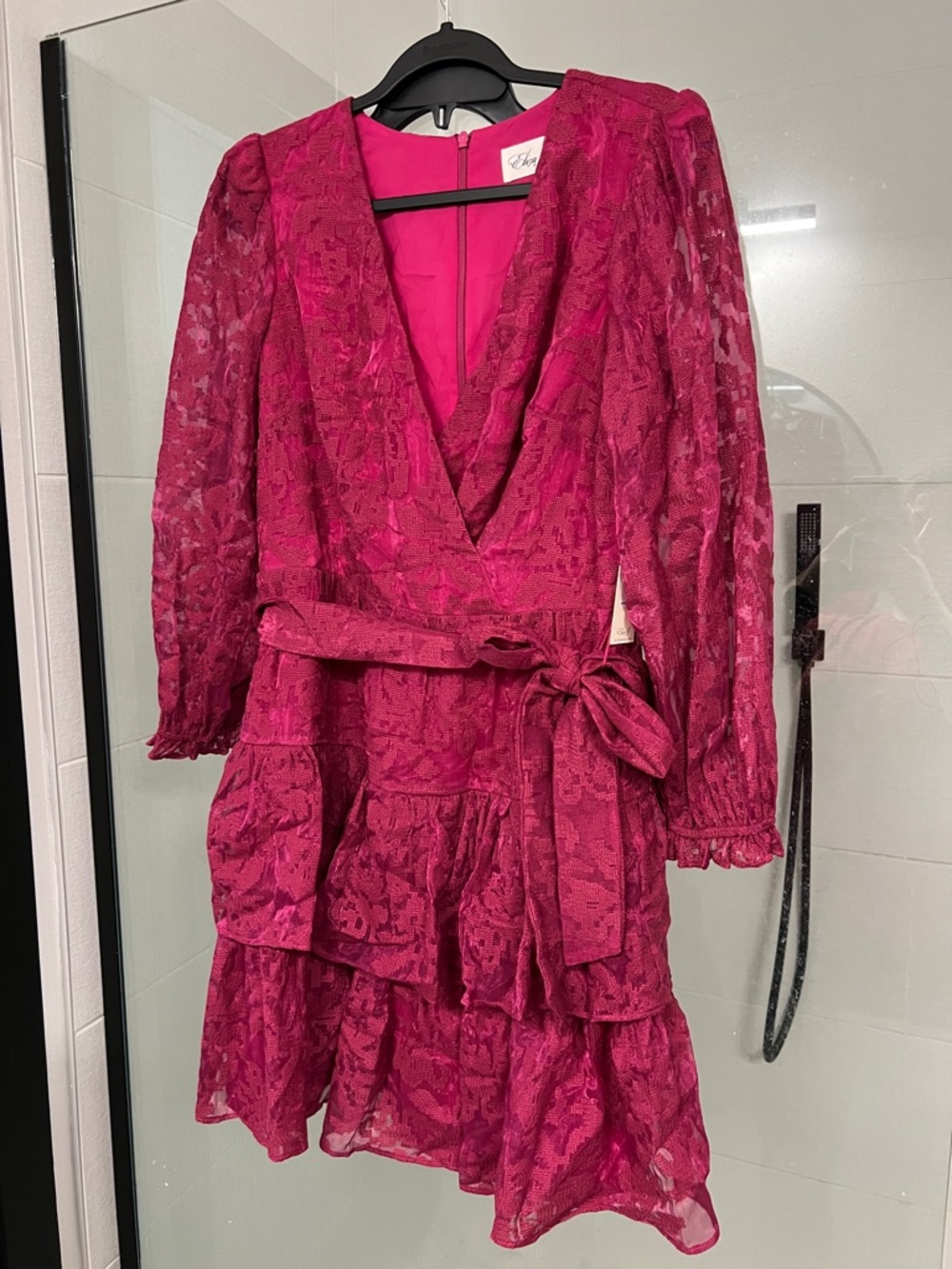 Fuchsia Lace Wrap Tiered Mini Dress